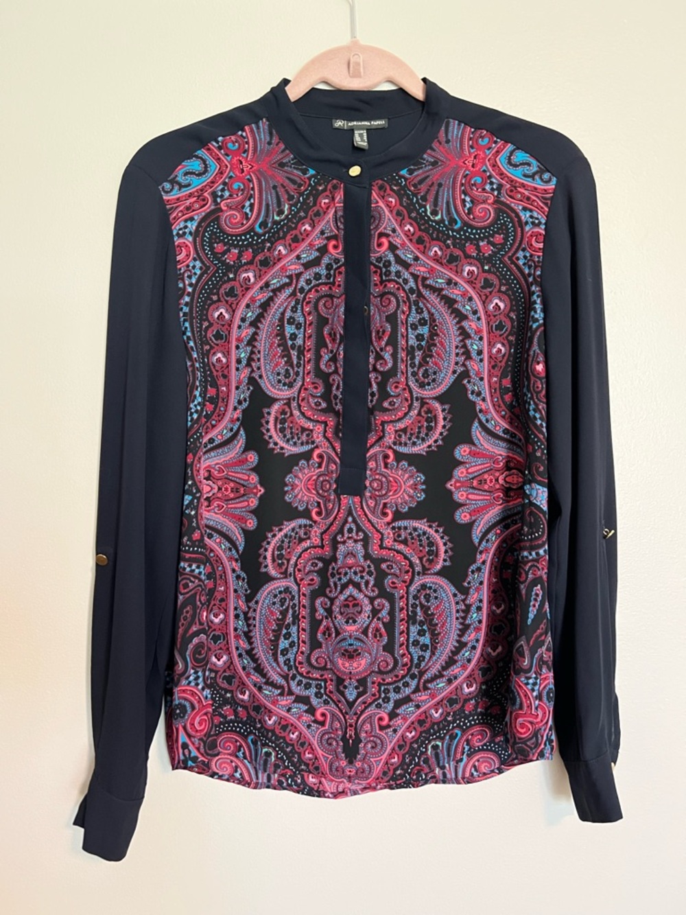 Adrianna Papell Black Blouse with Pink & Blue Paisley